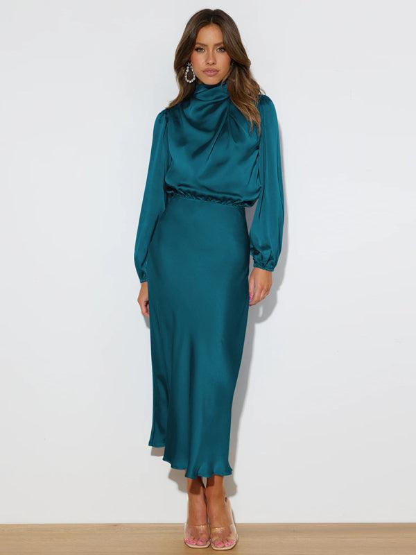 Midi Jurk met Hoge Hals en Satijnen Stof - Maxi Dresses - Jurkjes.co