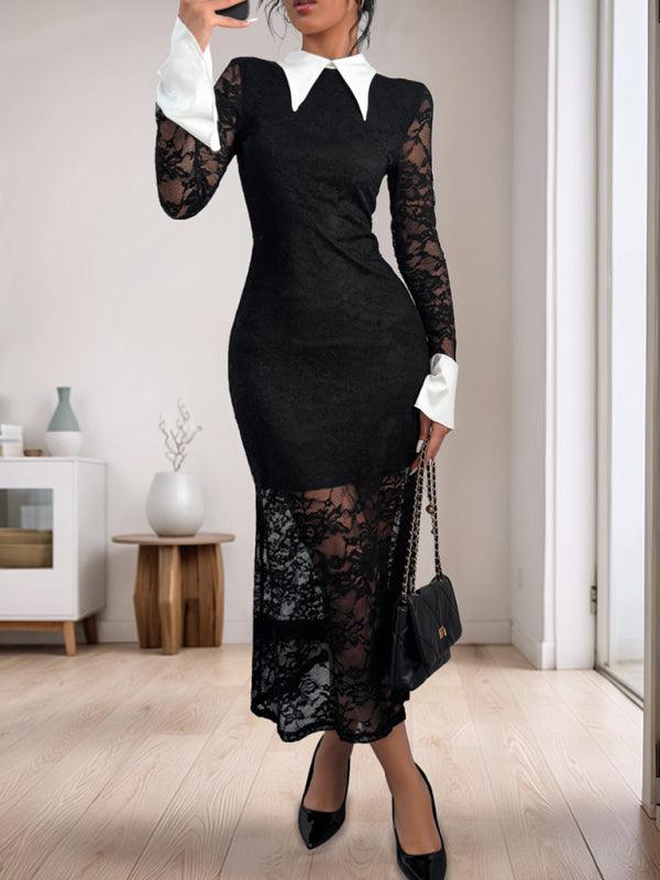 Midi Jurk met Kant en Klassieke Kraag - Maxi Dresses - Jurkjes.co
