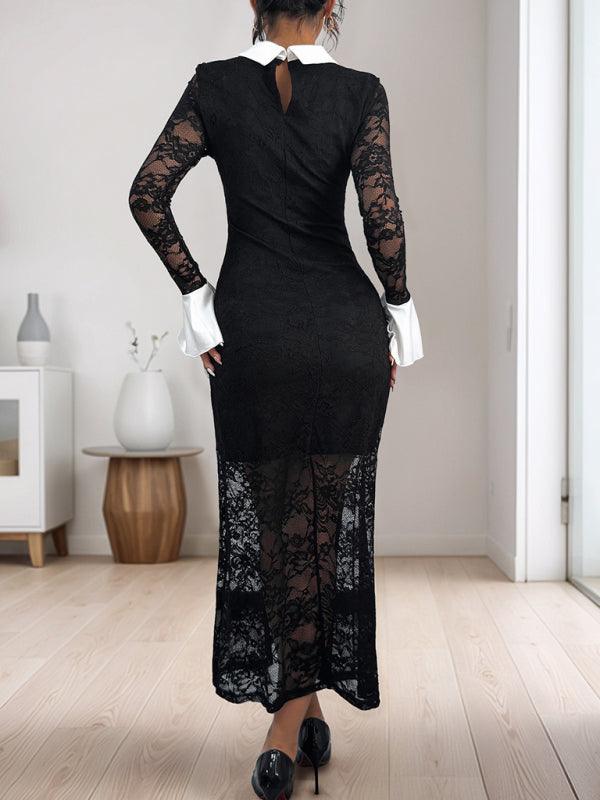 Midi Jurk met Kant en Klassieke Kraag - Maxi Dresses - Jurkjes.co