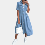 Midi Jurk met Knoopsluiting en Denim - Women Summer Dress - Jurkjes.co