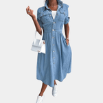 Midi Jurk met Knoopsluiting en Denim - Women Summer Dress - Jurkjes.co