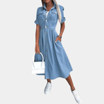 Midi Jurk met Knoopsluiting en Denim - Women Summer Dress - Jurkjes.co
