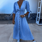 Midi Jurk met Knoopsluiting en Strikmouwen - Women Summer Dress - Jurkjes.co