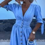 Midi Jurk met Knoopsluiting en Strikmouwen - Women Summer Dress - Jurkjes.co