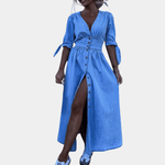 Midi Jurk met Knoopsluiting en Strikmouwen - Women Summer Dress - Jurkjes.co