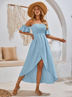 Midi Jurk met Off-shoulder en Hoge-Lage Zoom - Group2 - Jurkjes.co