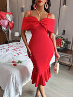 Midi Jurk met Off-Shoulder en Strikdetail - Midi Dresses - Jurkjes.co