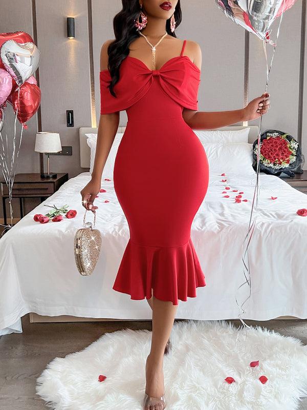 Midi Jurk met Off-Shoulder en Strikdetail - Midi Dresses - Jurkjes.co