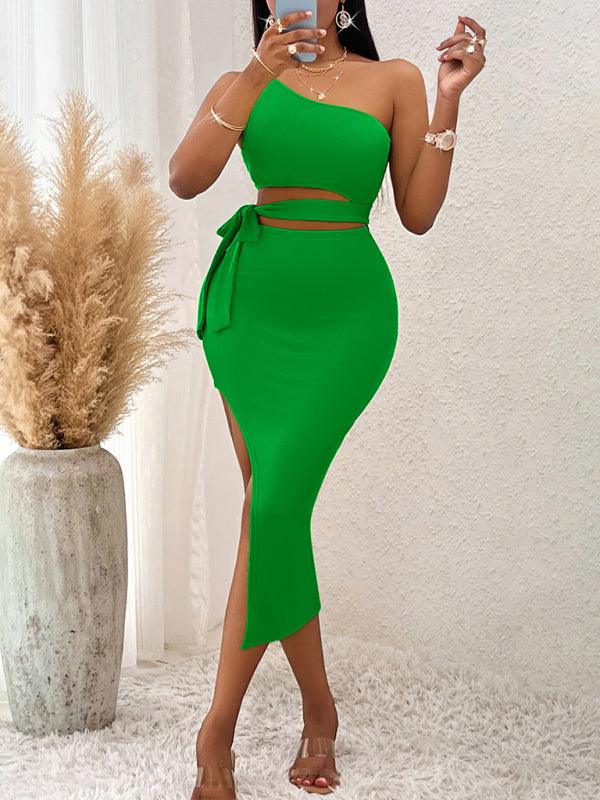 Midi Jurk met One-Shoulder en Hoge Split - Group3 - Jurkjes.co