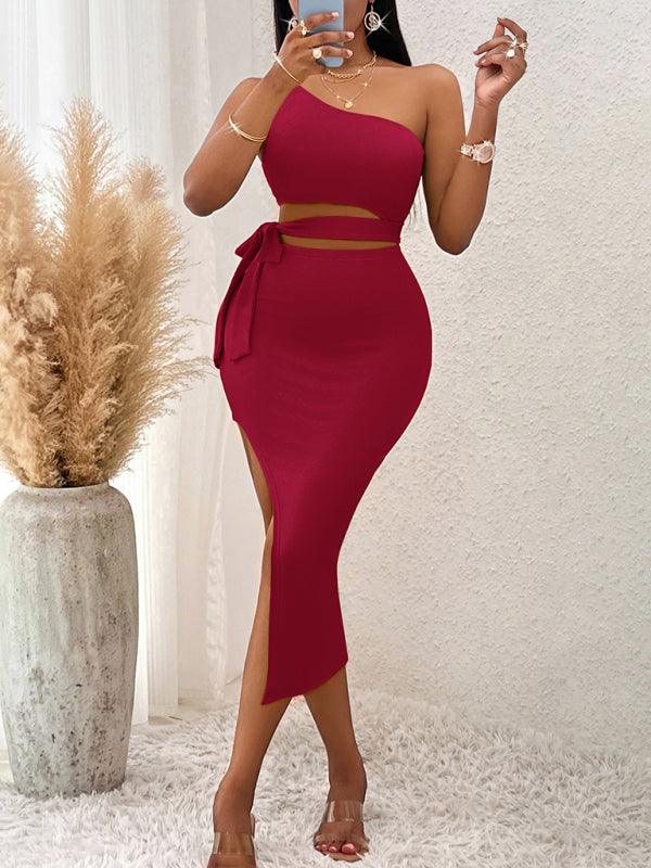 Midi Jurk met One-Shoulder en Hoge Split - Group3 - Jurkjes.co