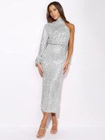 Midi Jurk met One-Shoulder en Pailletten - Midi Dresses - Jurkjes.co