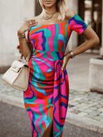 Midi Jurk met One-Shoulder en Tropische Print - Midi Dresses - Jurkjes.co