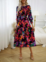 Midi Jurk met Pofmouwen en Bloemenprint - Midi Dresses - Jurkjes.co