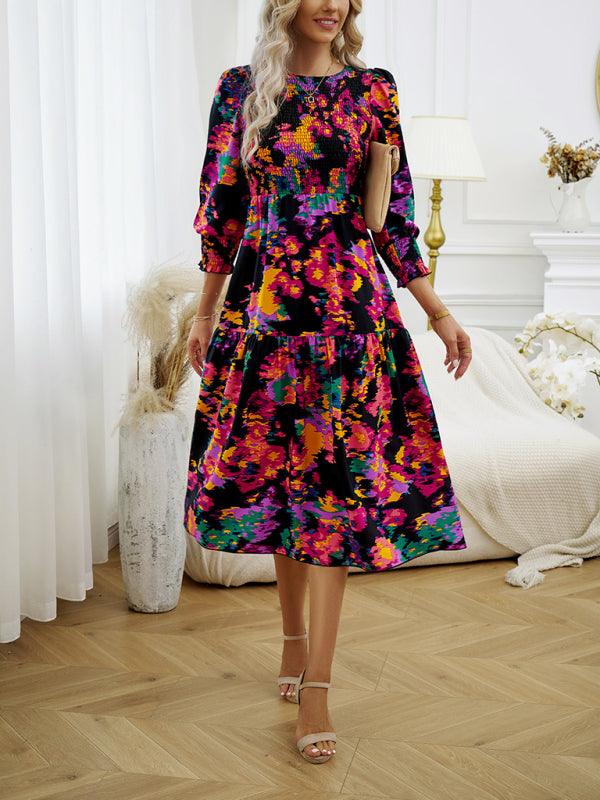 Midi Jurk met Pofmouwen en Bloemenprint - Midi Dresses - Jurkjes.co