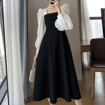 Midi Jurk met Pofmouwen en Tweekleurig Ontwerp - Dresses - Jurkjes.co