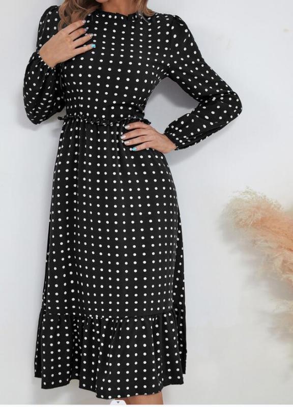 Midi Jurk met Polkadot en Lange Mouwen - Midi Dresses - Jurkjes.co