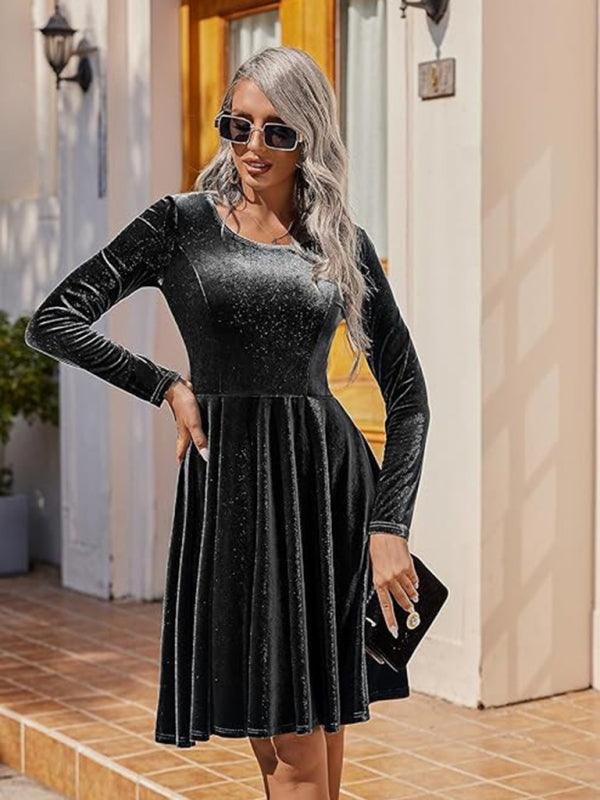 Midi Jurk met Ronde Hals en Fluweel - Midi Dresses - Jurkjes.co