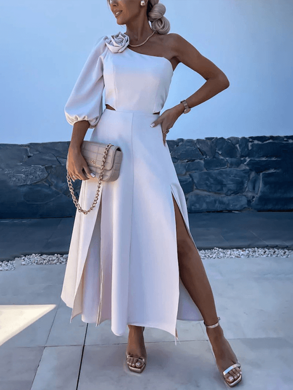 Midi Jurk met Schuine Schouder en Hoge Split - Group9 - Jurkjes.co