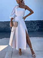 Midi Jurk met Schuine Schouder en Hoge Split - Group9 - Jurkjes.co