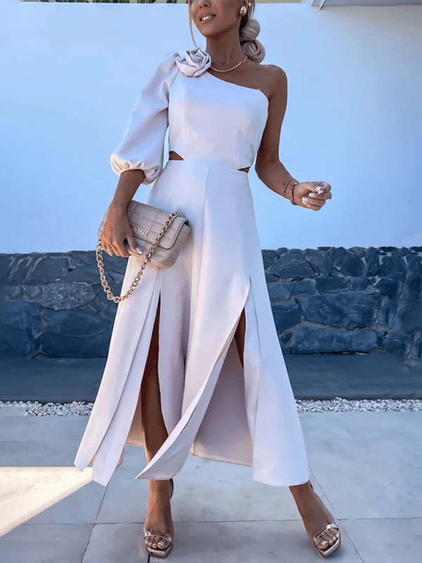 Midi Jurk met Schuine Schouder en Hoge Split - Group9 - Jurkjes.co