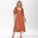 Midi Jurk met Smock Taille en Knoopdetail - Women Summer Dress - Jurkjes.co