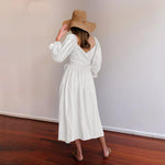 Midi Jurk met Smock Taille en Knoopdetail - Women Summer Dress - Jurkjes.co