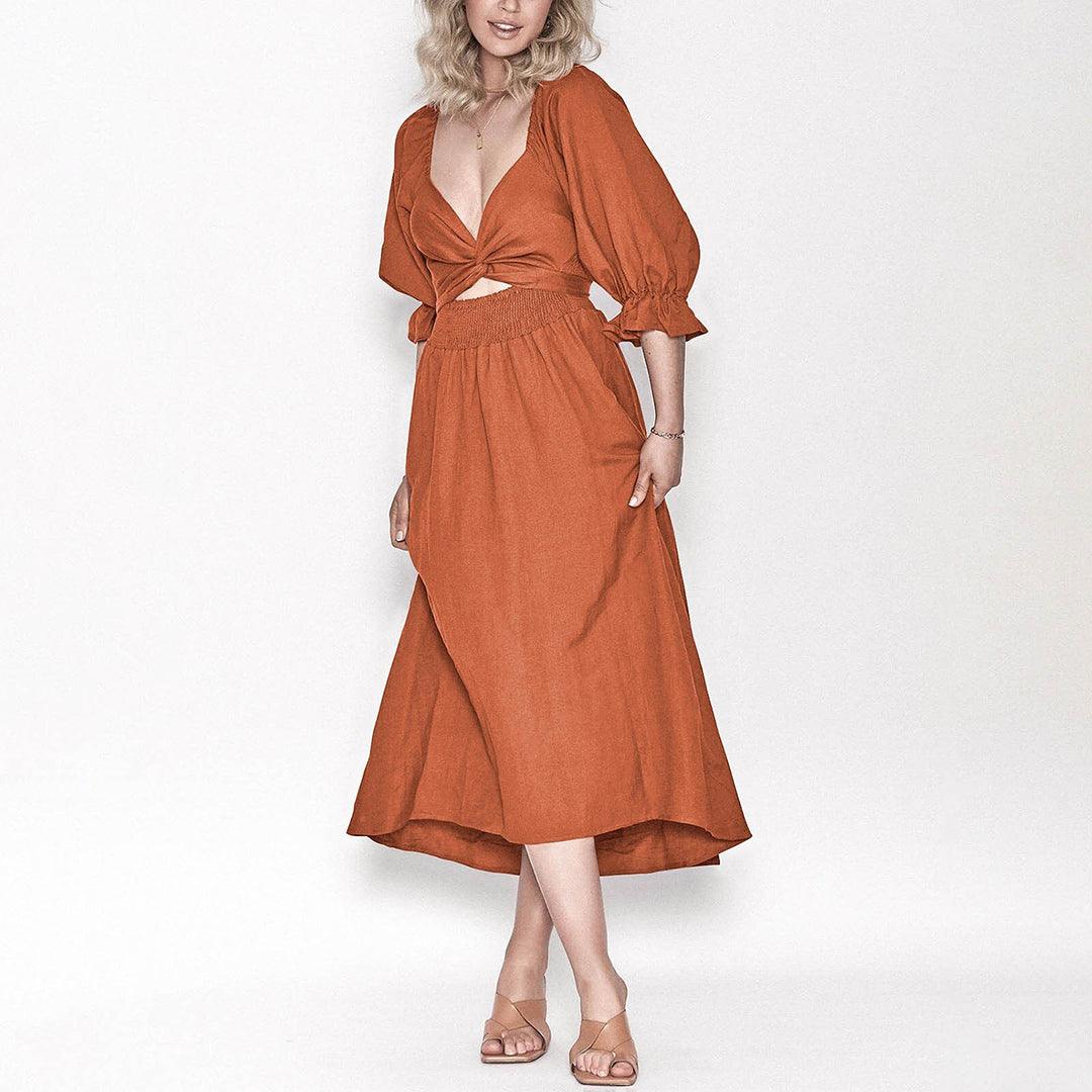 Midi Jurk met Smock Taille en Knoopdetail - Women Summer Dress - Jurkjes.co