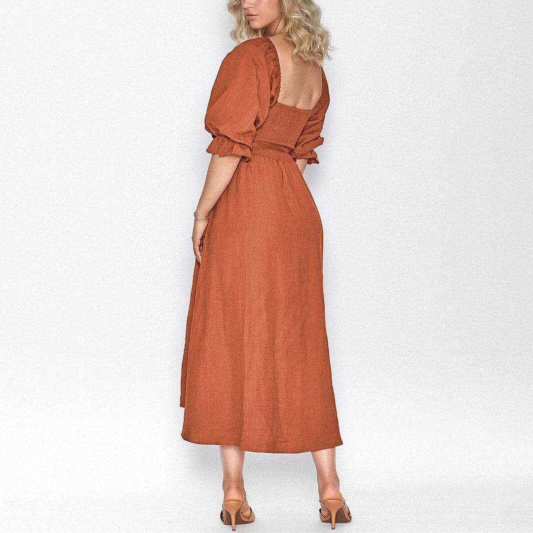Midi Jurk met Smock Taille en Knoopdetail - Women Summer Dress - Jurkjes.co