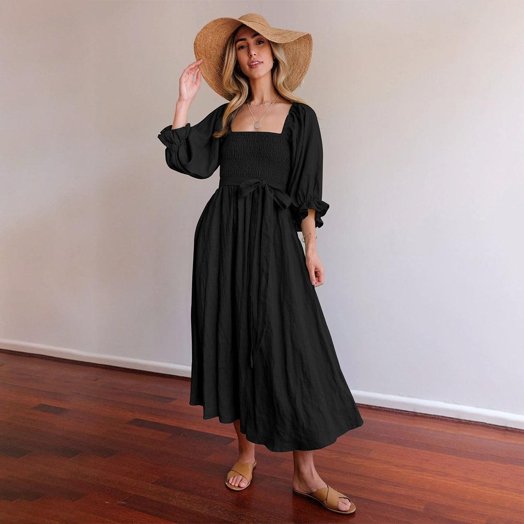 Midi Jurk met Smock Taille en Knoopdetail - Women Summer Dress - Jurkjes.co