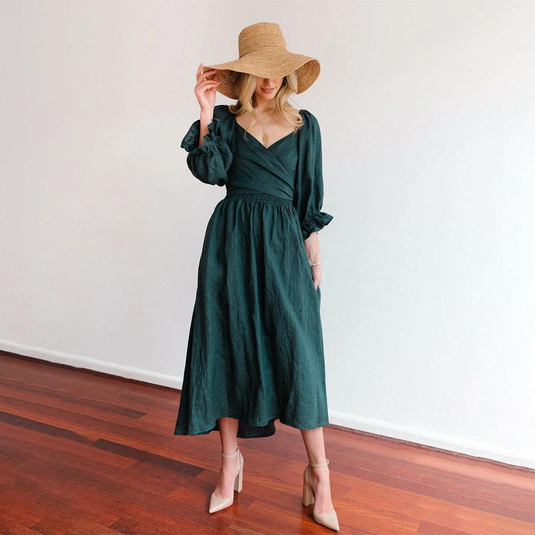 Midi Jurk met Smock Taille en Knoopdetail - Women Summer Dress - Jurkjes.co