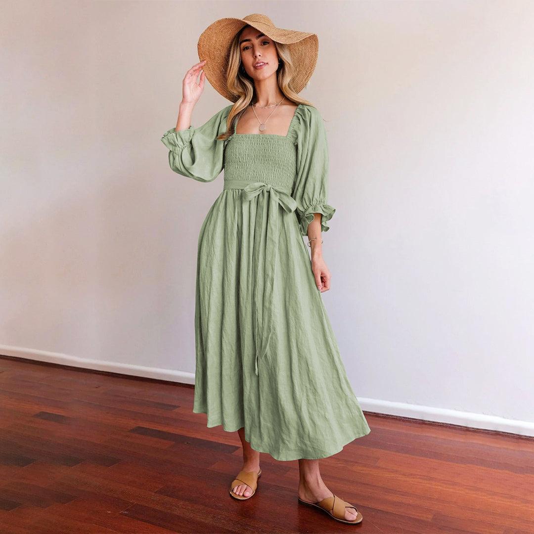 Midi Jurk met Smock Taille en Knoopdetail - Women Summer Dress - Jurkjes.co