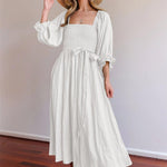 Midi Jurk met Smock Taille en Knoopdetail - Women Summer Dress - Jurkjes.co