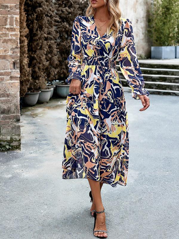 Midi Jurk met V-hals en Abstracte Print - Midi Dresses - Jurkjes.co