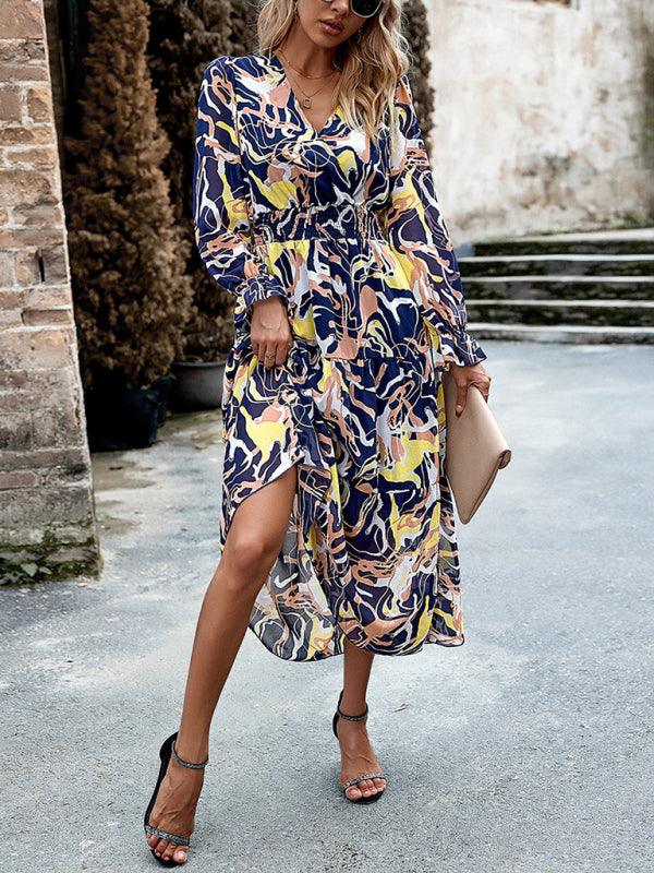 Midi Jurk met V-hals en Abstracte Print - Midi Dresses - Jurkjes.co