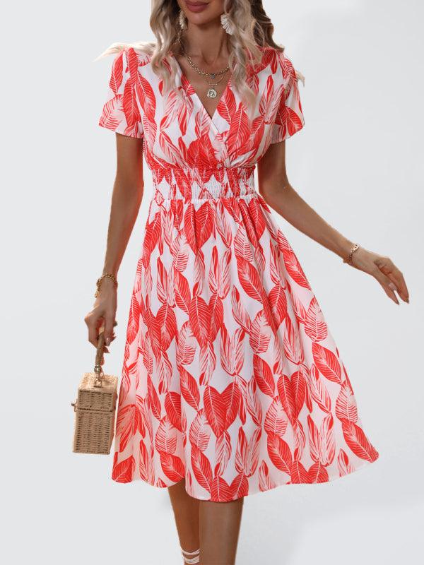 Midi Jurk met V-hals en Bladerenprint - Midi Dresses - Jurkjes.co