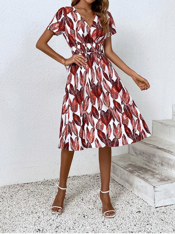 Midi Jurk met V-hals en Bladerenprint - Midi Dresses - Jurkjes.co
