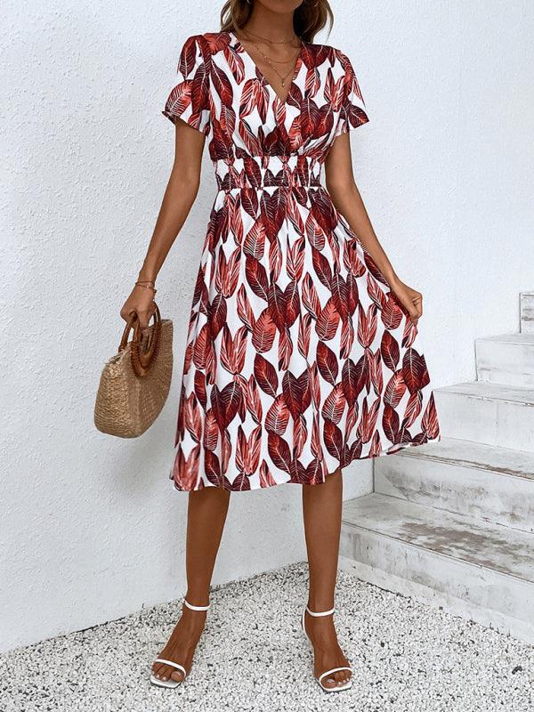 Midi Jurk met V-hals en Bladerenprint - Midi Dresses - Jurkjes.co