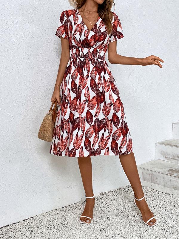 Midi Jurk met V-hals en Bladerenprint - Midi Dresses - Jurkjes.co