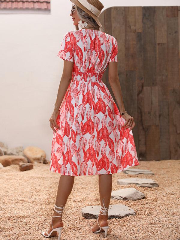 Midi Jurk met V-hals en Bladerenprint - Midi Dresses - Jurkjes.co