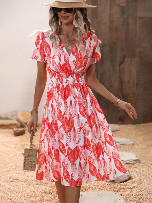 Midi Jurk met V-hals en Bladerenprint - Midi Dresses - Jurkjes.co
