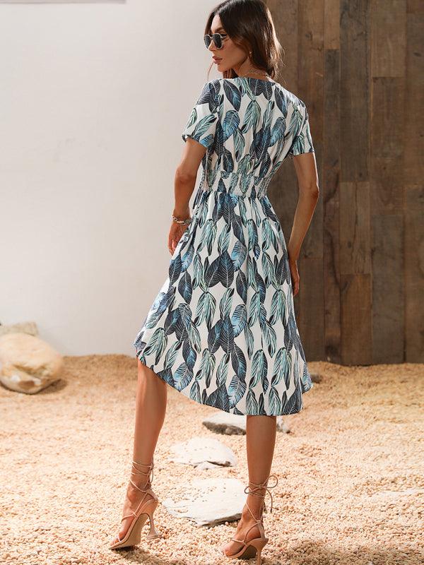 Midi Jurk met V-hals en Bladerenprint - Midi Dresses - Jurkjes.co