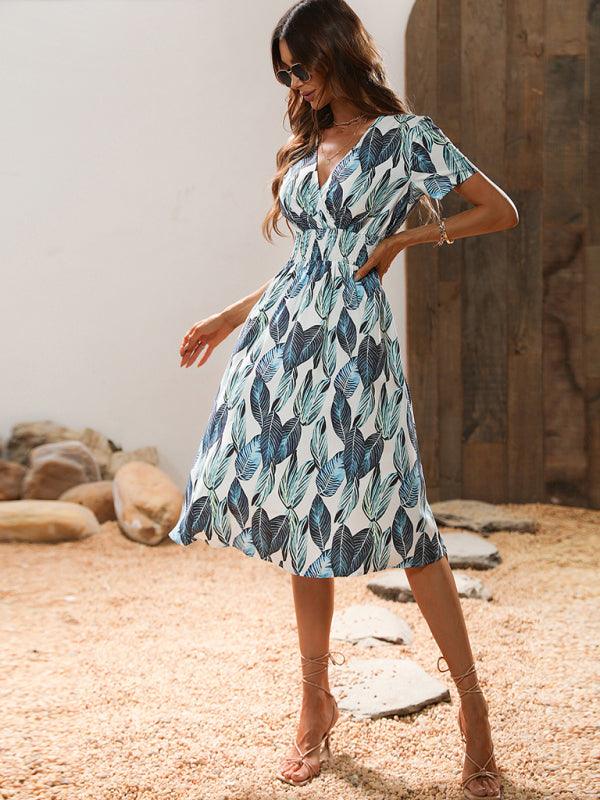 Midi Jurk met V-hals en Bladerenprint - Midi Dresses - Jurkjes.co