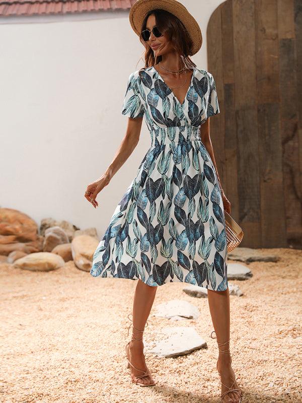 Midi Jurk met V-hals en Bladerenprint - Midi Dresses - Jurkjes.co