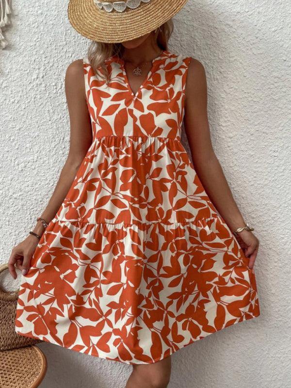 Midi Jurk met V-hals en Bladprint - Midi Dresses - Jurkjes.co