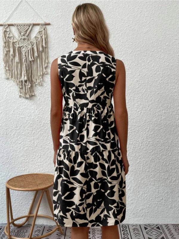 Midi Jurk met V-hals en Bladprint - Midi Dresses - Jurkjes.co