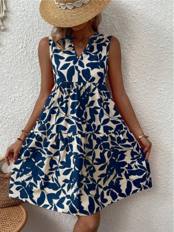 Midi Jurk met V-hals en Bladprint - Midi Dresses - Jurkjes.co