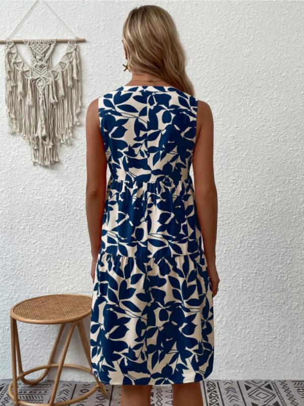 Midi Jurk met V-hals en Bladprint - Midi Dresses - Jurkjes.co