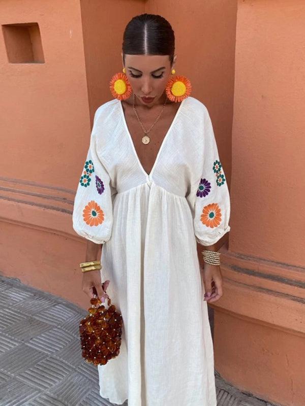 Midi Jurk met V-hals en Bloemenborduursel - Maxi Dresses - Jurkjes.co