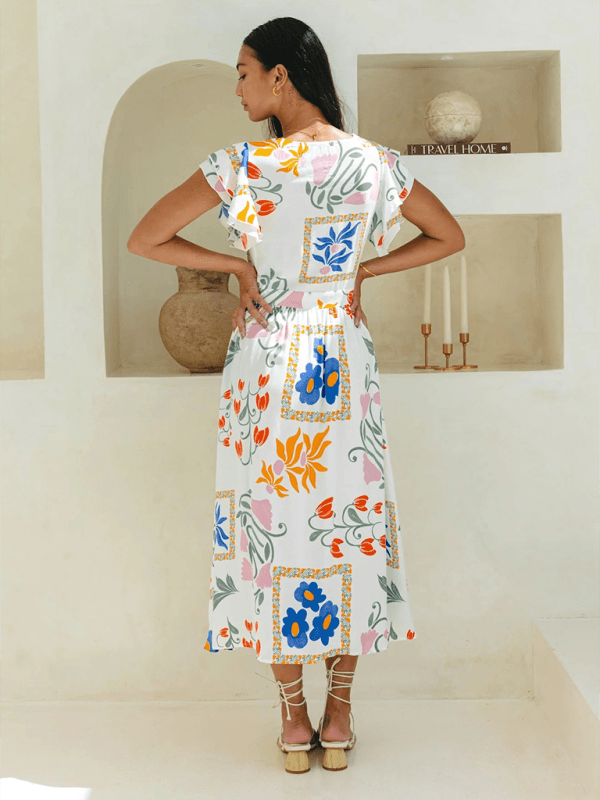 Midi Jurk met V-hals en Bloemenprint - Group11 - Jurkjes.co