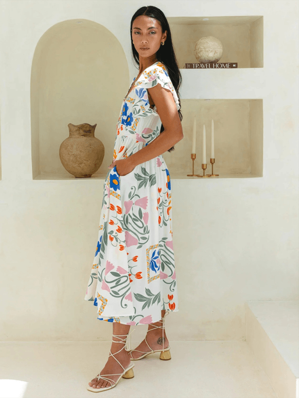 Midi Jurk met V-hals en Bloemenprint - Group11 - Jurkjes.co